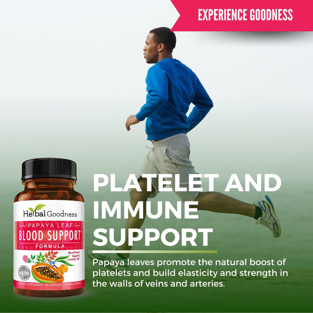 Herbal Goodness Papaya Leaf Capsules closeup highlights vegetarian capsules for easy daily use.