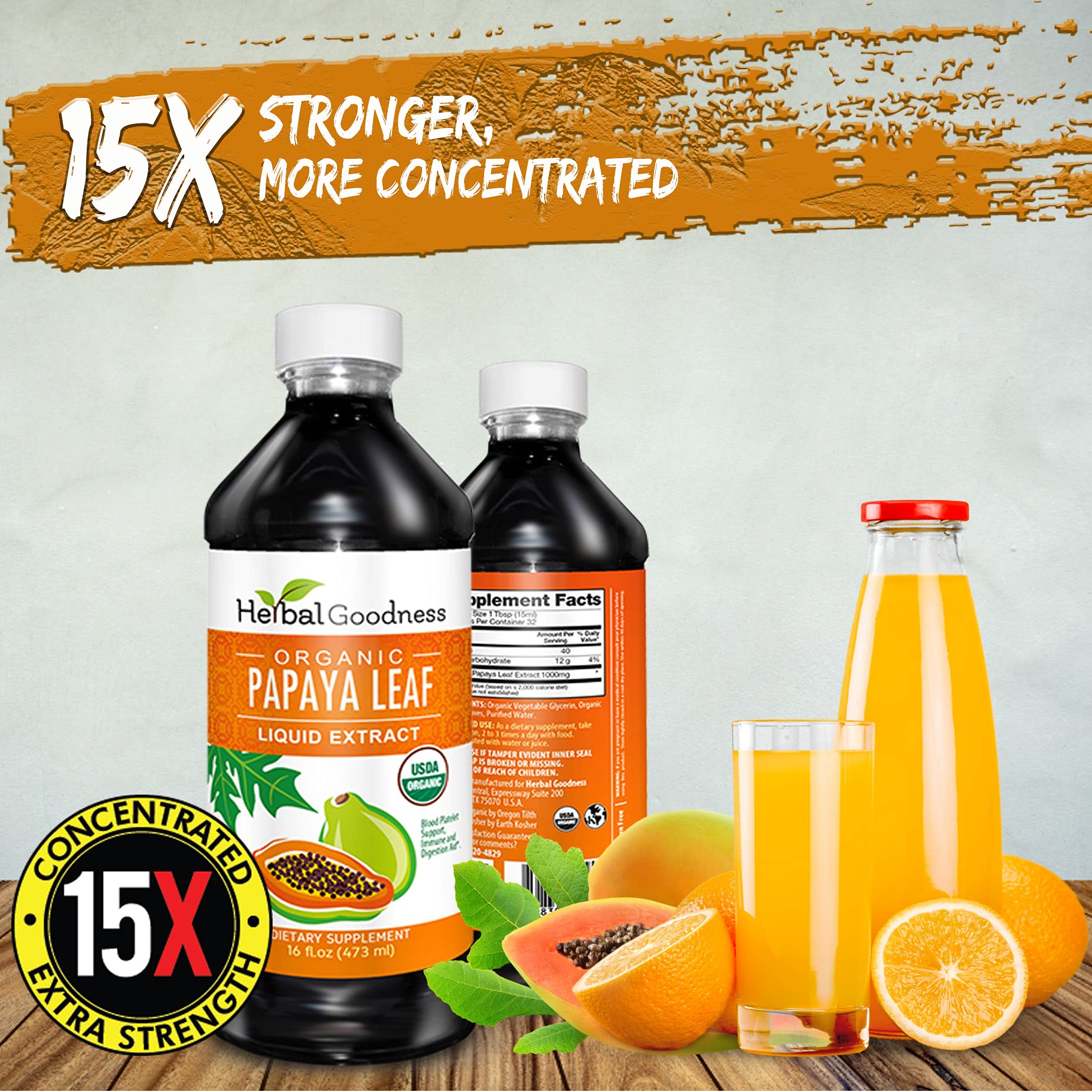 Herbal Goodness Papaya Leaf Extract bottle on desk display for lifestyle integration.