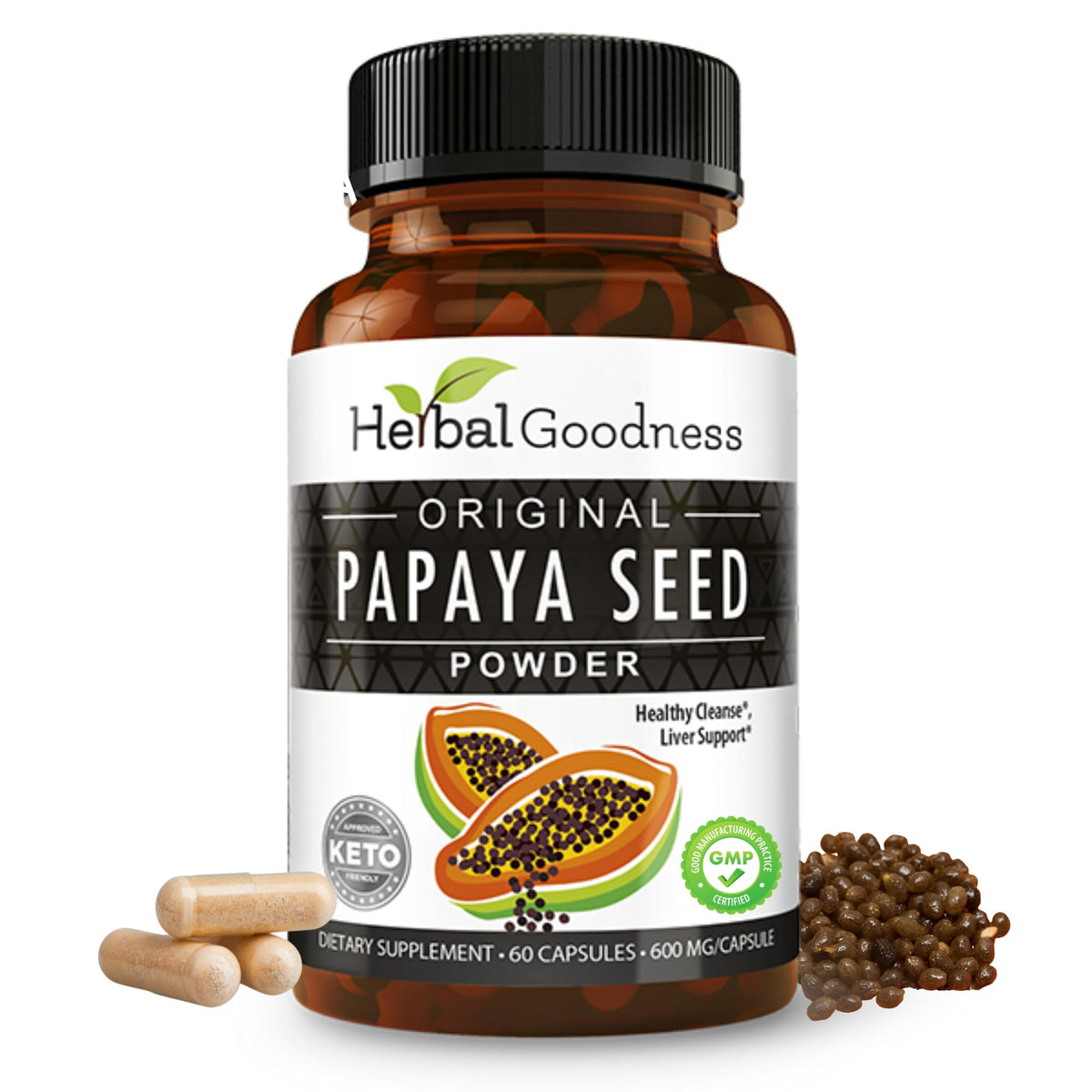 Herbal Goodness Papaya Seeds Capsules bottle shows organic enzymes for digestion