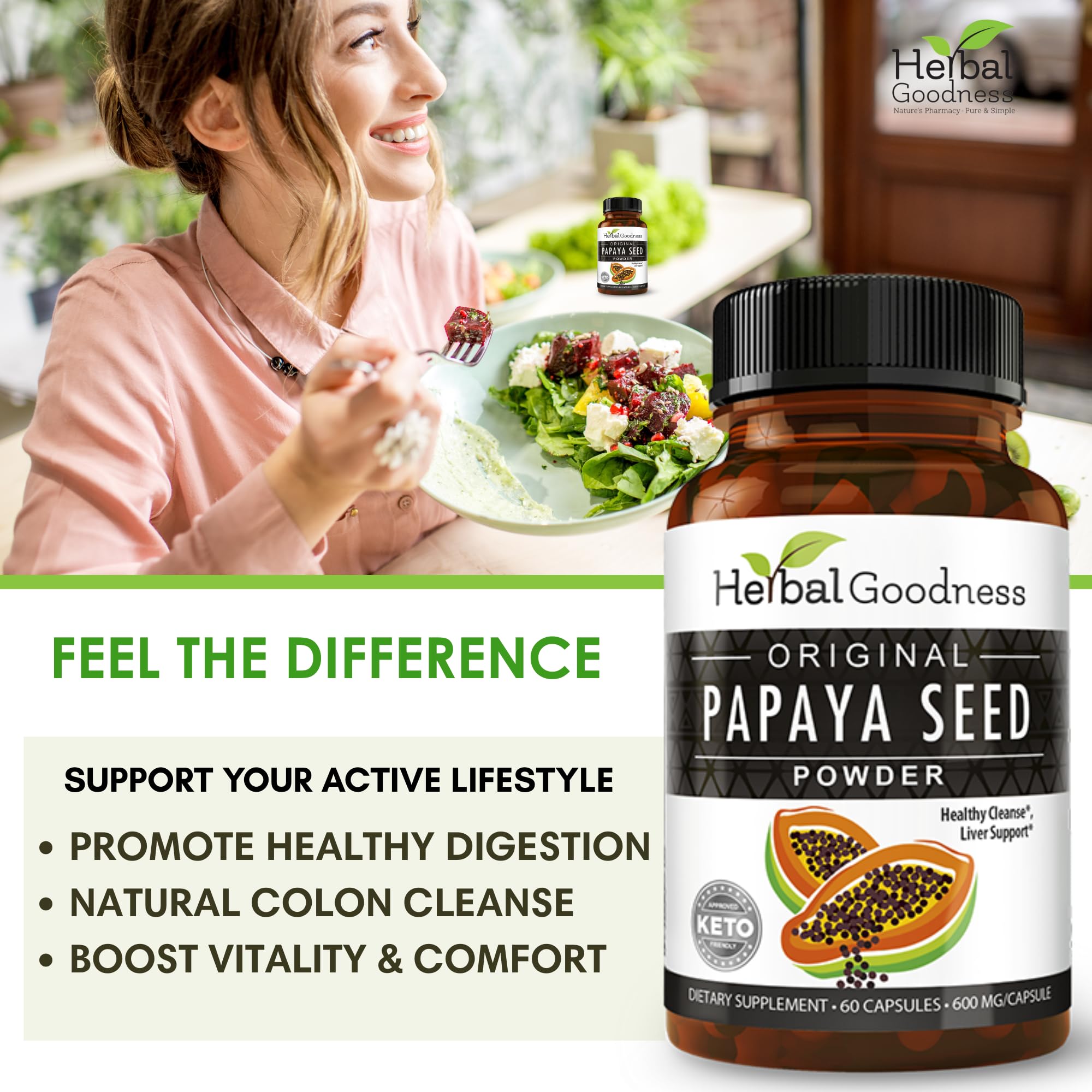 Herbal Goodness Papaya Seeds Capsules closeup highlights high potency enzymes