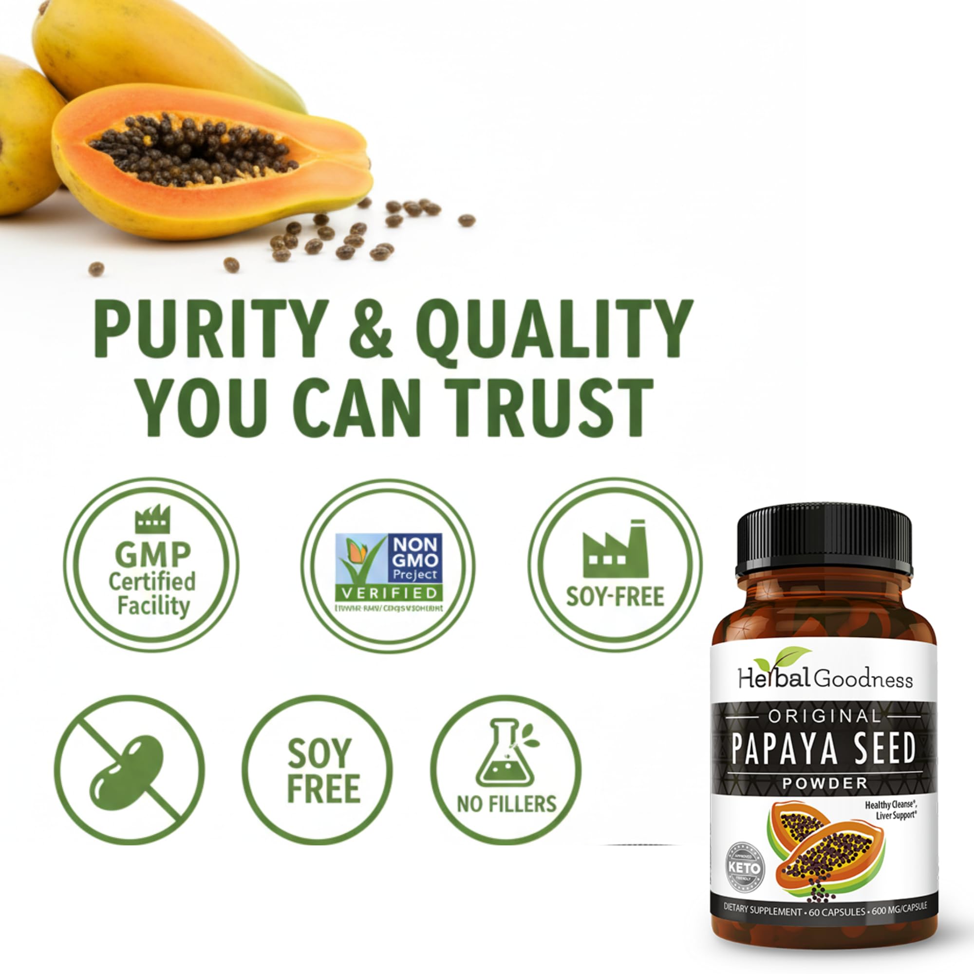 Herbal Goodness Papaya Seeds Capsules gluten free symbol and clean labeling