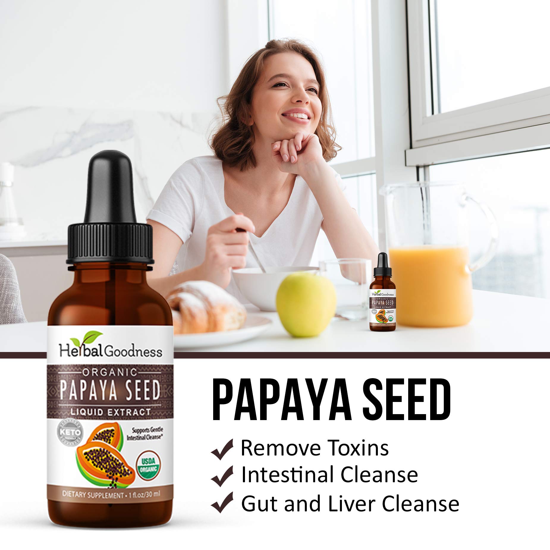 Herbal Goodness Papaya Seeds Digestive Enzymes packaging box emphasizing organic and non-GMO