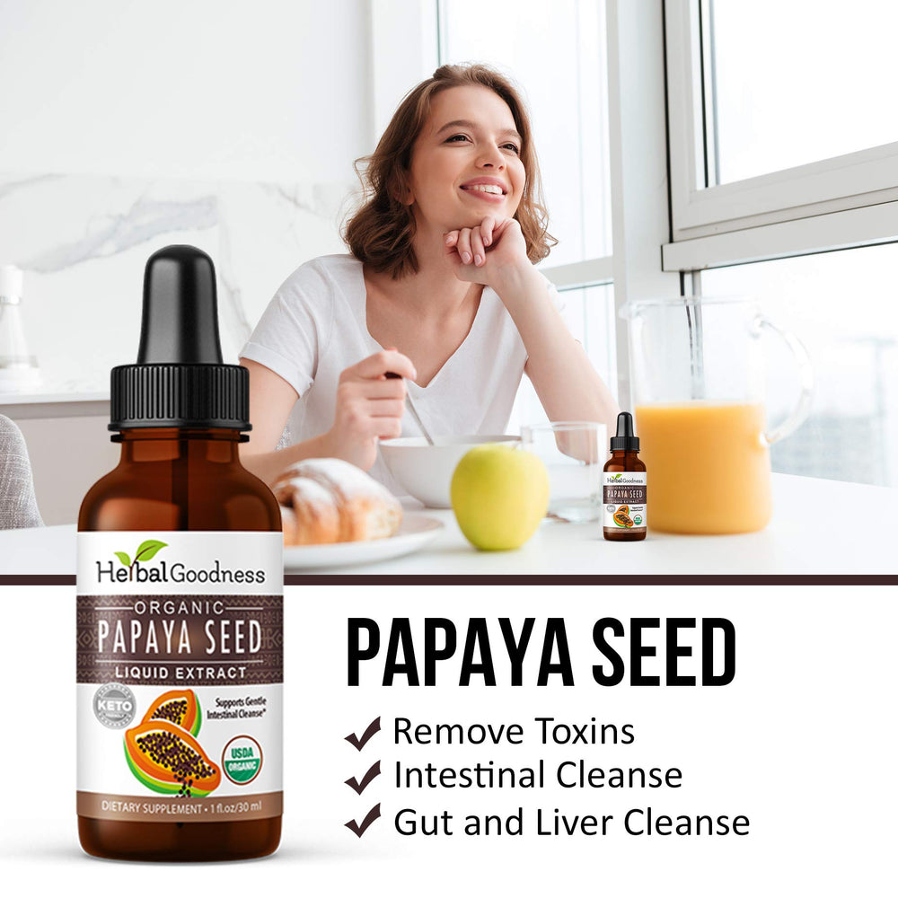 Herbal Goodness Papaya Seeds Digestive Enzymes packaging box emphasizing organic and non-GMO