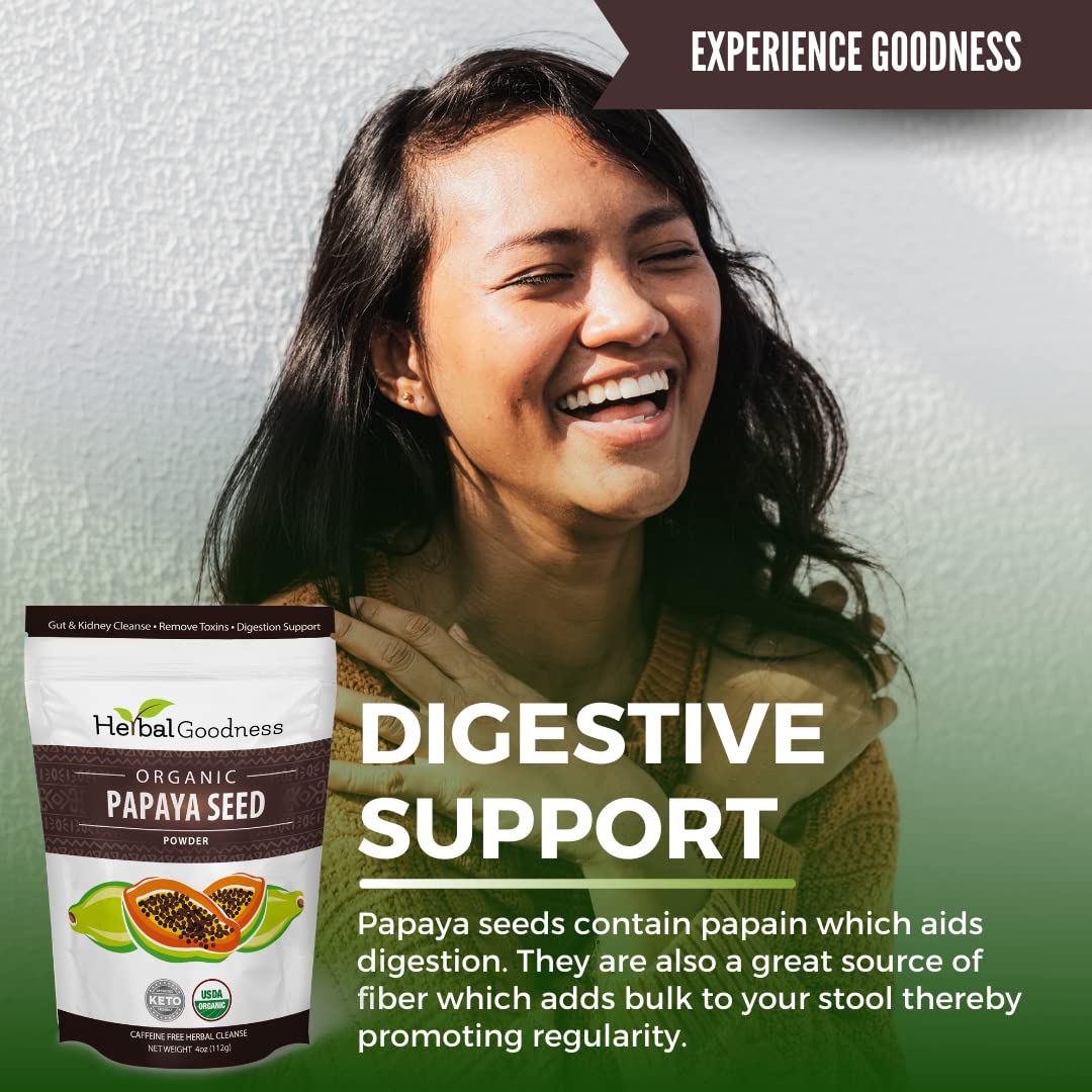 Papaya seeds close-up highlighting natural ingredients in Herbal Goodness powder.