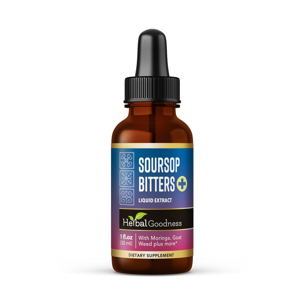 Herbal Goodness Soursop Bitters Drops bottle on countertop ready for daily digestive support.