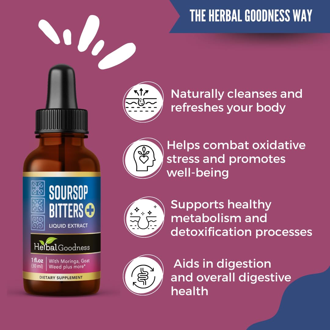 Herbal Goodness Soursop Bitters Drops pour into water for quick use.