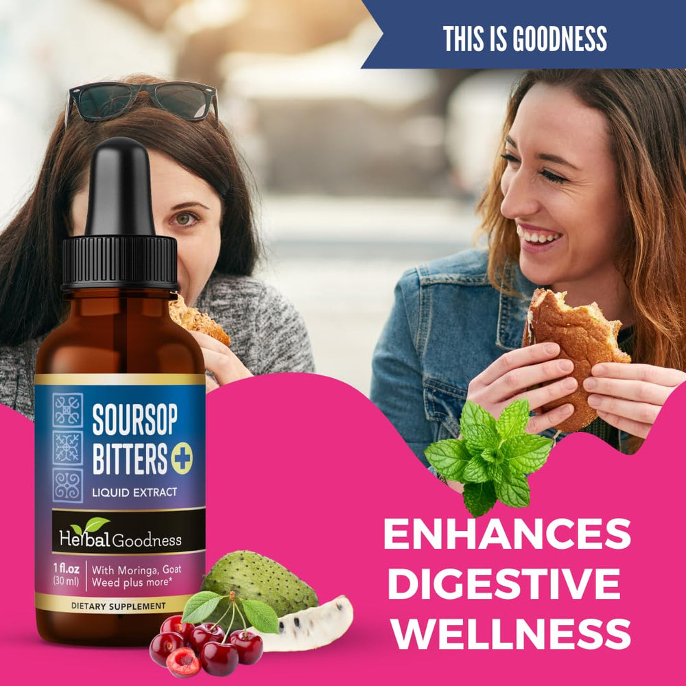 Herbal Goodness Soursop Bitters Drops glass with tea demonstrating a convenient daily ritual.