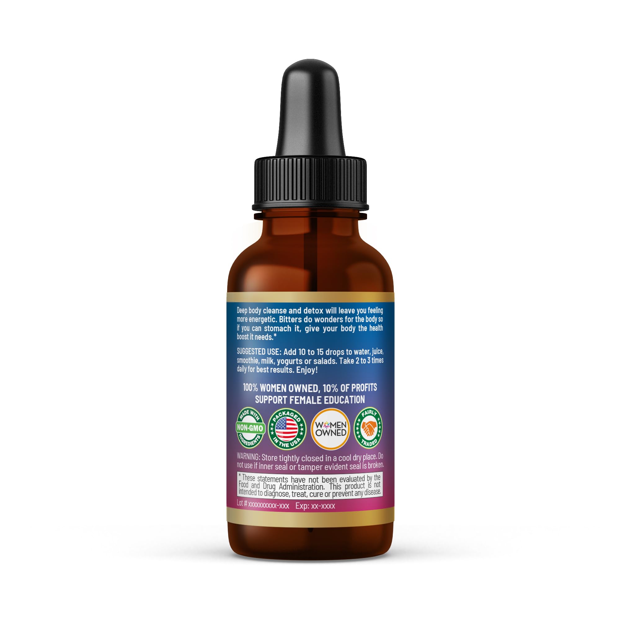 Herbal Goodness Soursop Bitters Drops dropper releasing golden liquid for easy addition to water.