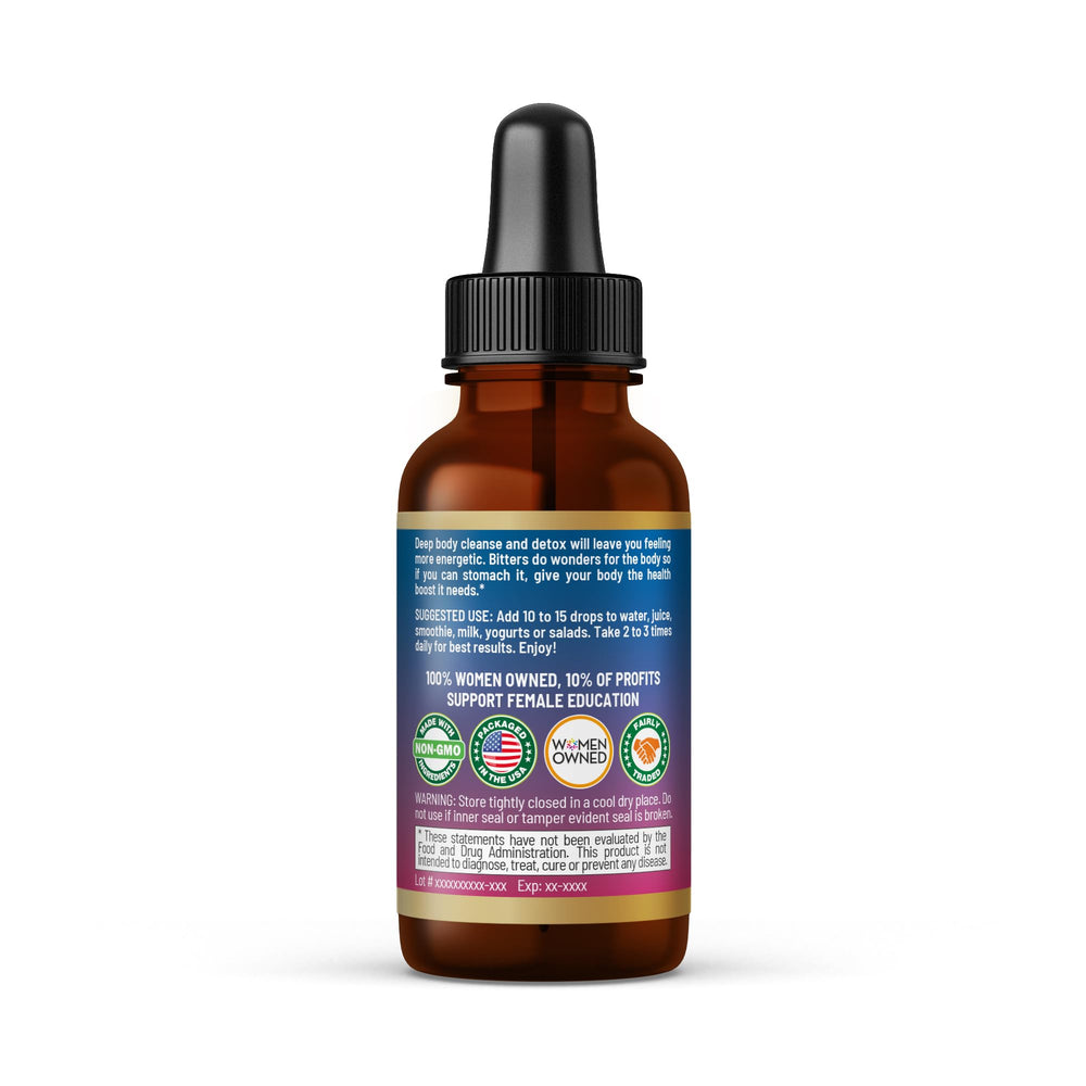 Herbal Goodness Soursop Bitters Drops dropper releasing golden liquid for easy addition to water.