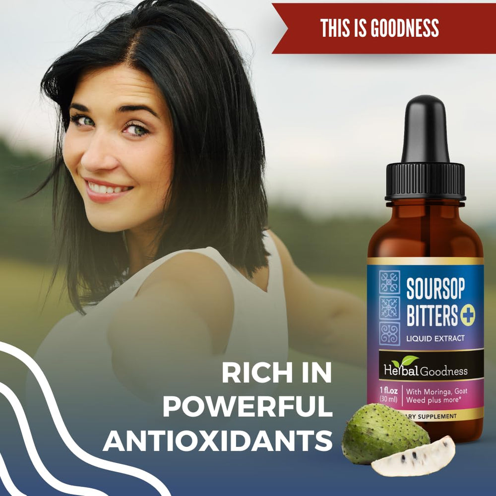 Countertop setup with Herbal Goodness Soursop Bitters Drops and herbs.
