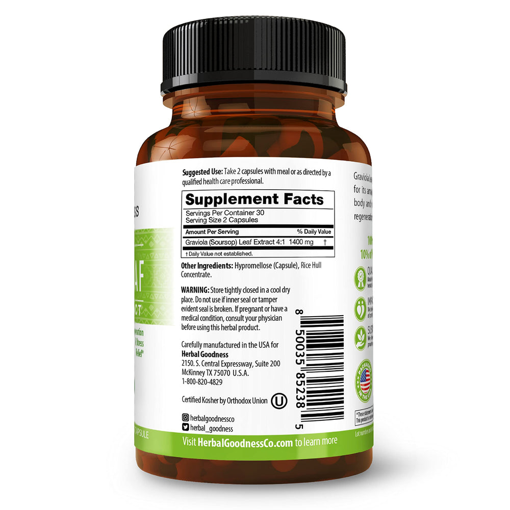 Product packaging of Herbal Goodness Soursop capsules on a clean shelf.