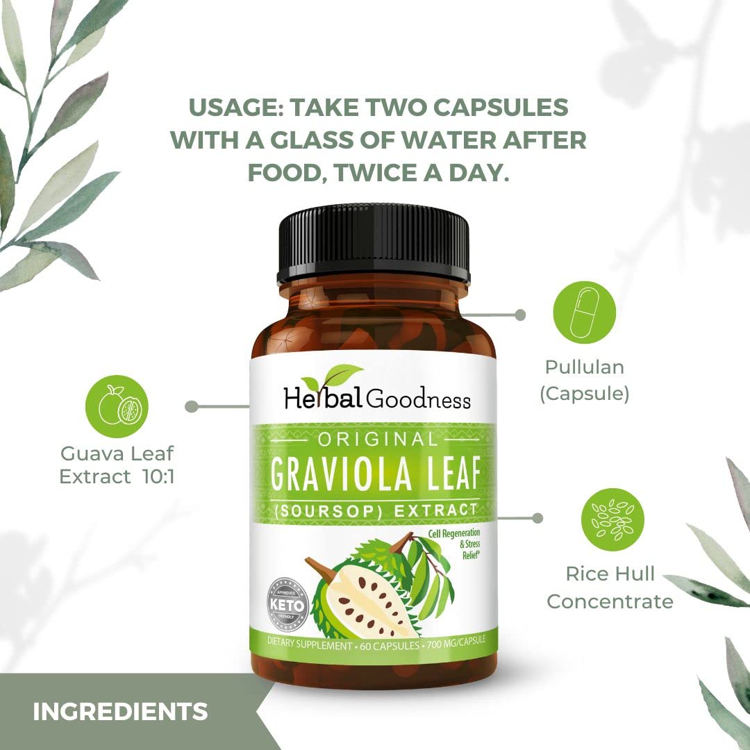 Herbal Goodness Soursop capsules being poured for a convenient daily dose.