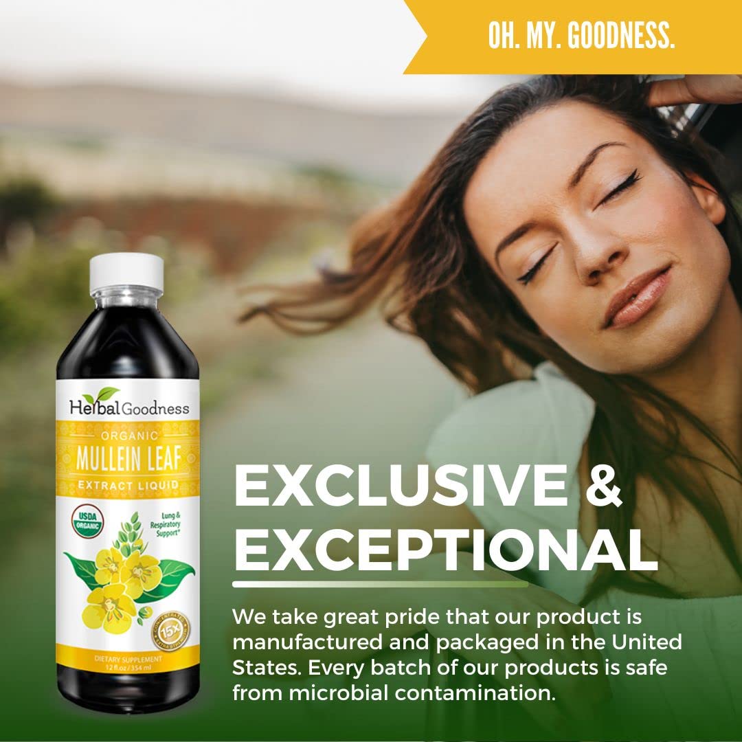 Herbal Goodness Vegan alcohol-free mullein offers gentle plant-based extract.