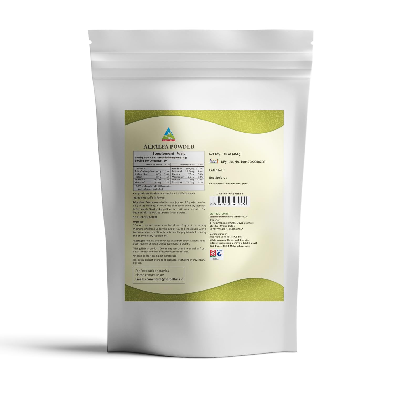Herbal Hills alfalfa powder dried leaves highlight freshness for smoothies.