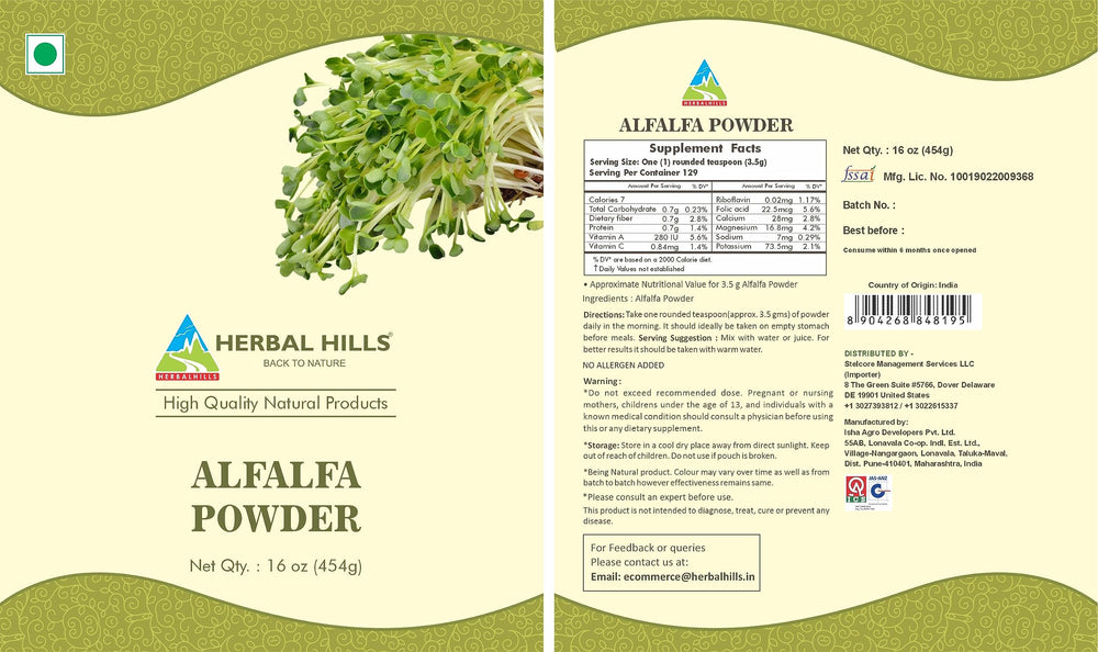 Herbal Hills alfalfa powder scoop ensures precise measurement for consistent blends.