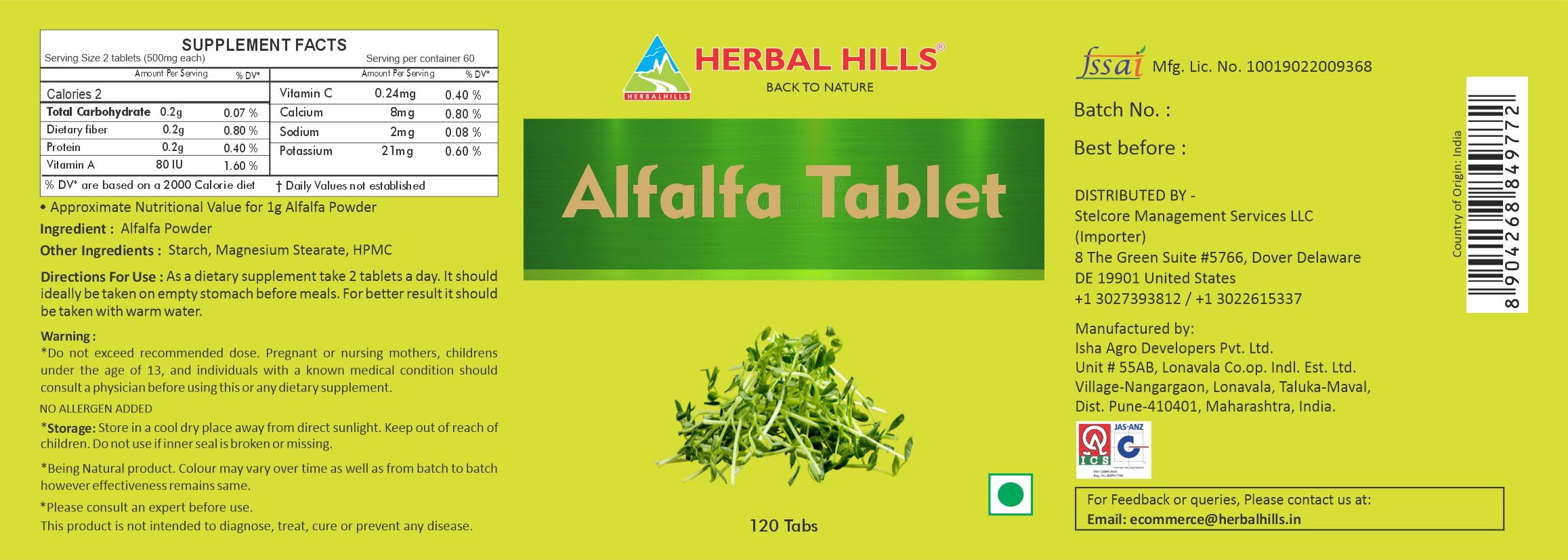 HERBAL HILLS Alfalfa Tablets ingredients label emphasizes non GMO vegan profile