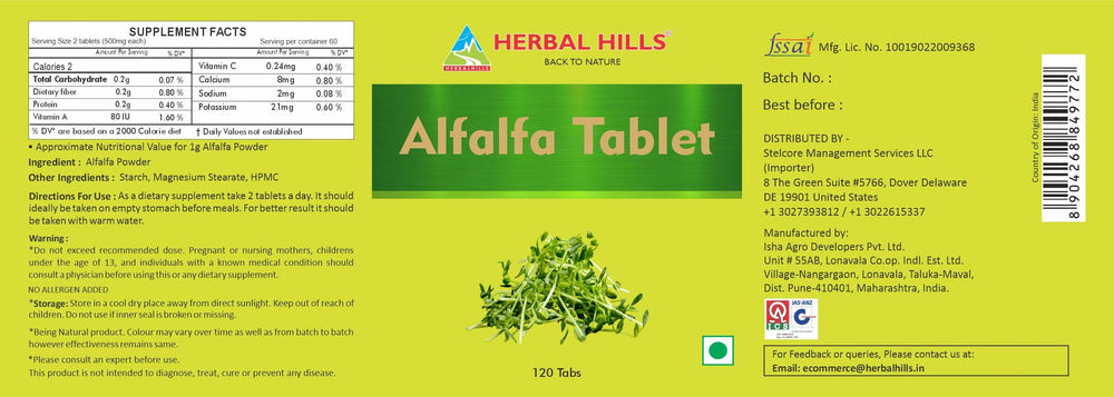 HERBAL HILLS Alfalfa Tablets ingredients label emphasizes non GMO vegan profile