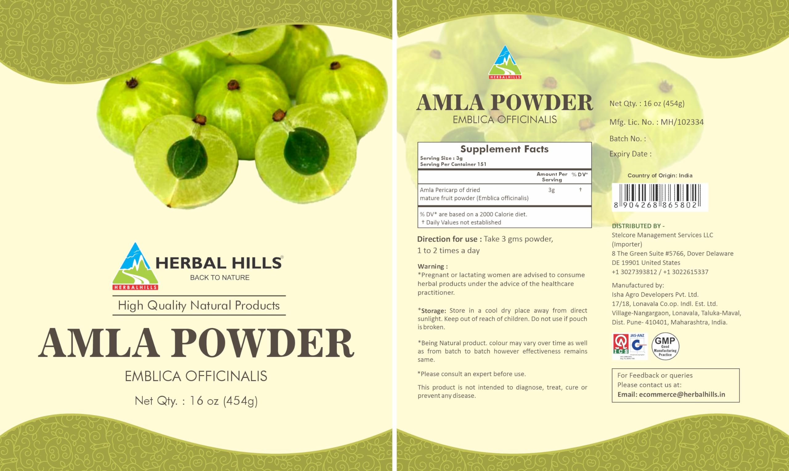 Herbal Hills Amla Powder bottle close-up shows vibrant powder ideal for smoothies