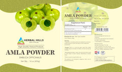 Herbal Hills Amla Powder bottle close-up shows vibrant powder ideal for smoothies