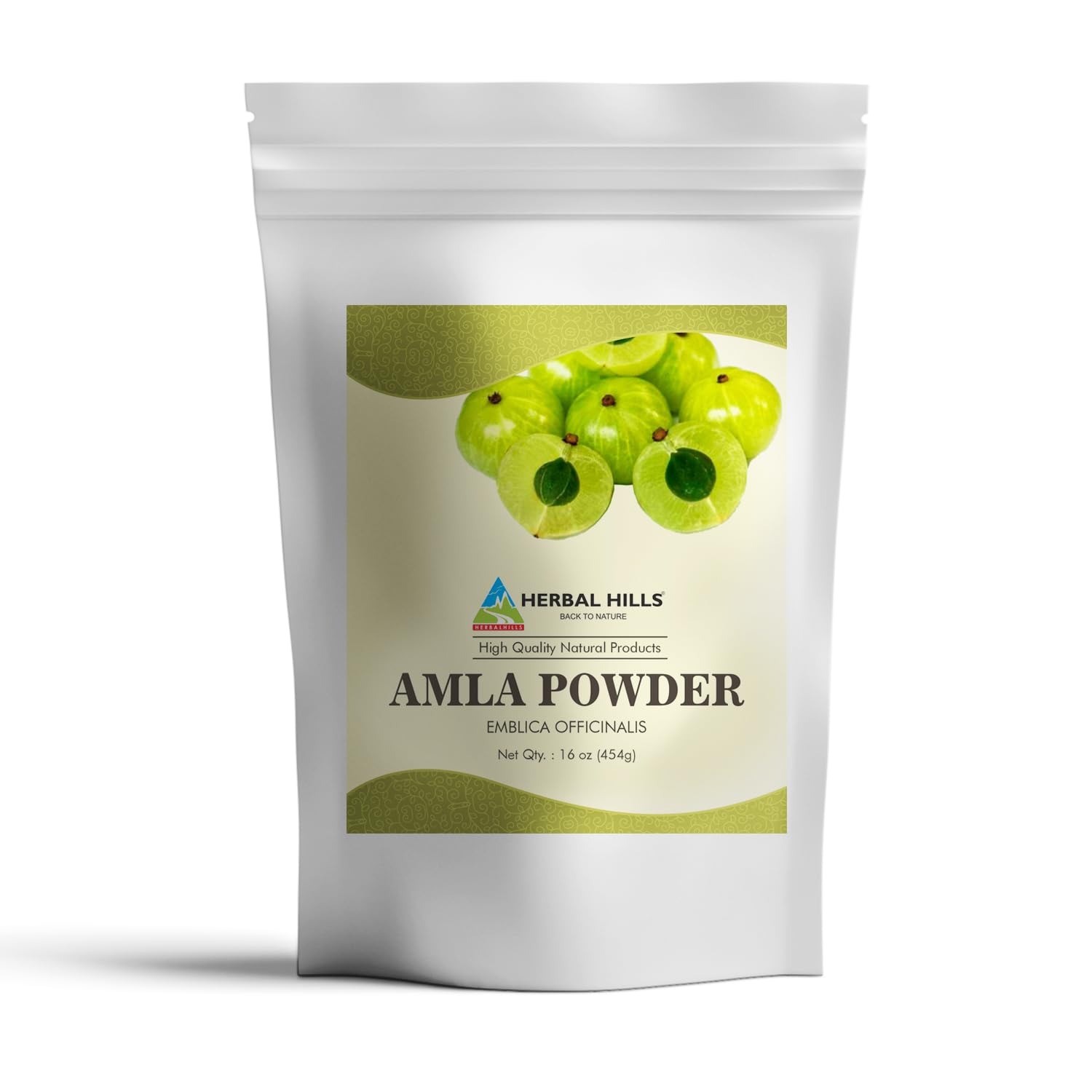 Herbal Hills Amla Powder jar view highlights antioxidant-rich Indian gooseberry powder