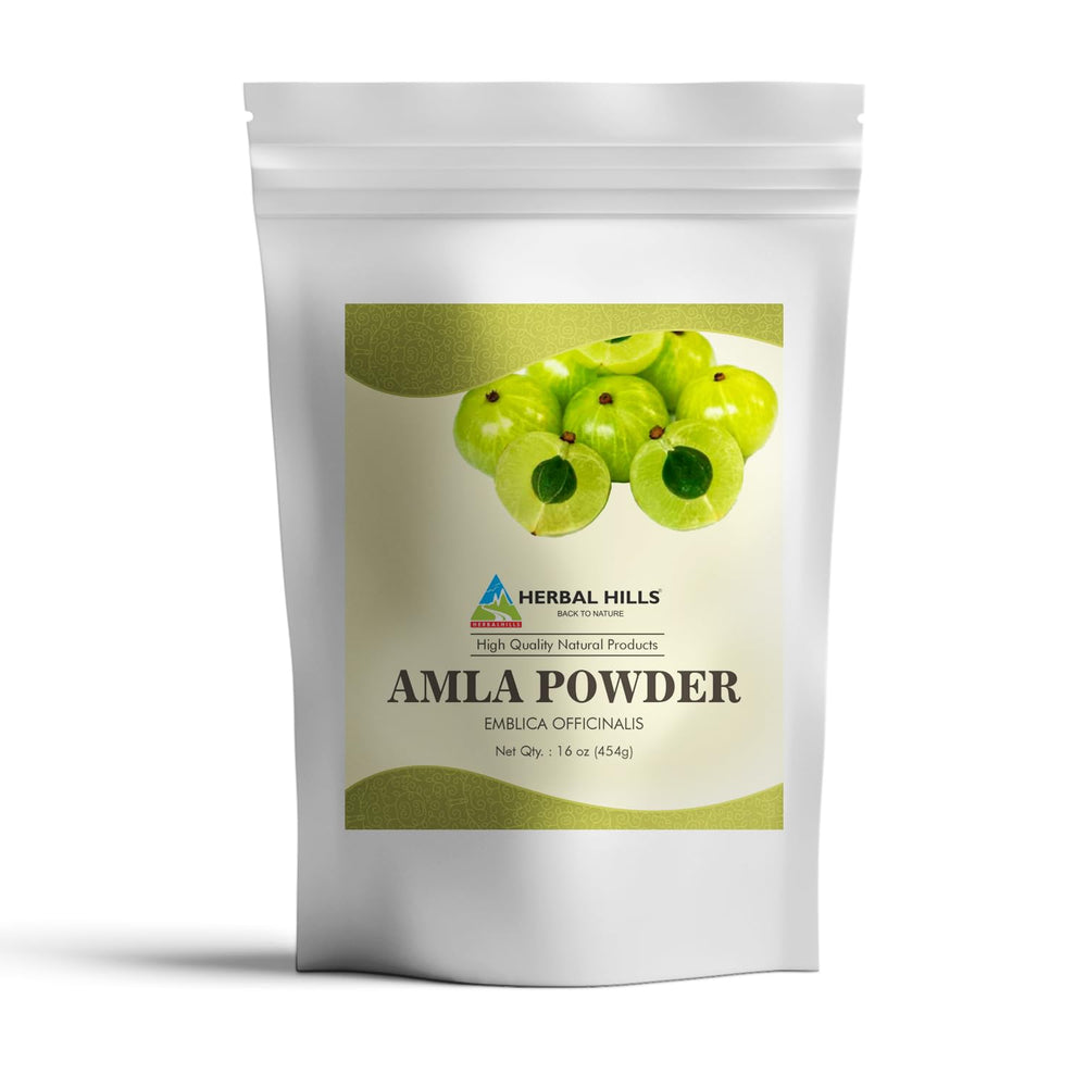 Herbal Hills Amla Powder jar view highlights antioxidant-rich Indian gooseberry powder