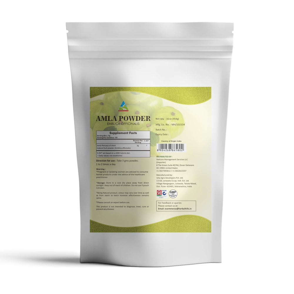 Herbal Hills Amla Powder packaging with scoop demonstrates convenient daily use