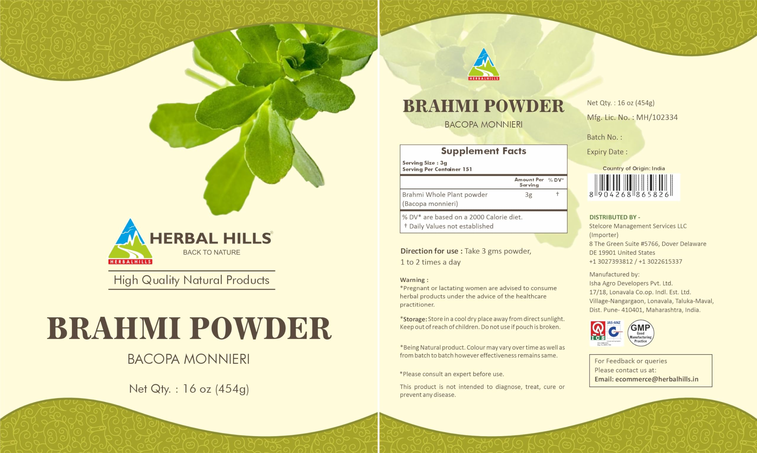 HERBAL HILLS Brahmi powder packaging shot emphasizes quality and easy measuring.