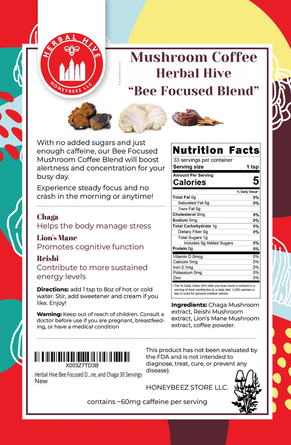 Herbal Hive Bee Focused coffee bag closeup reveals mushrooms and coffee blend