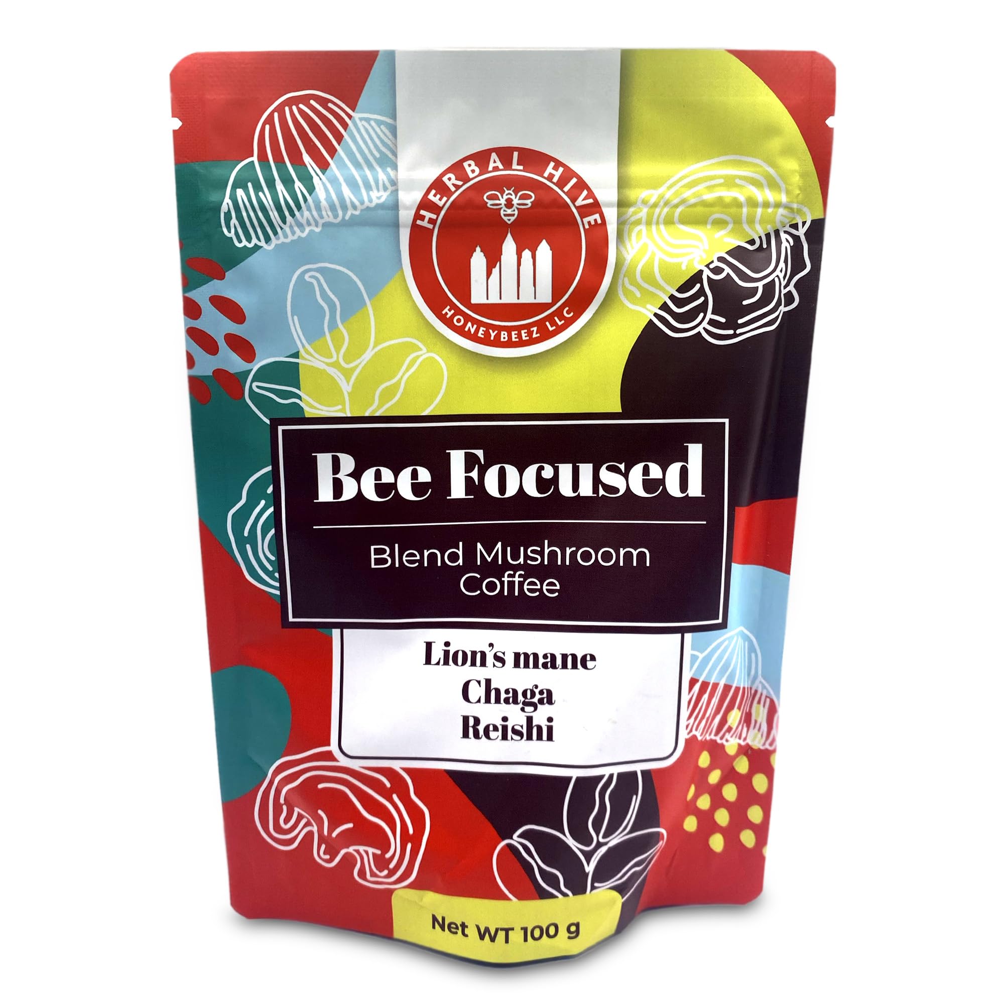 Herbal Hive Bee Focused coffee front label highlights the mushroom blend for a smooth start