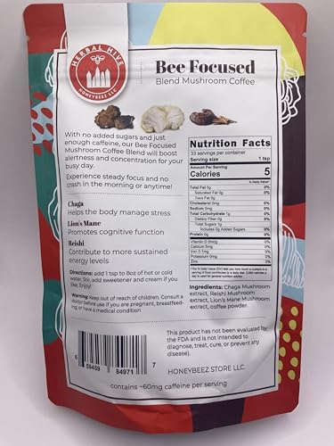 Herbal Hive Bee Focused coffee steaming cup suggests a gentle energy boost