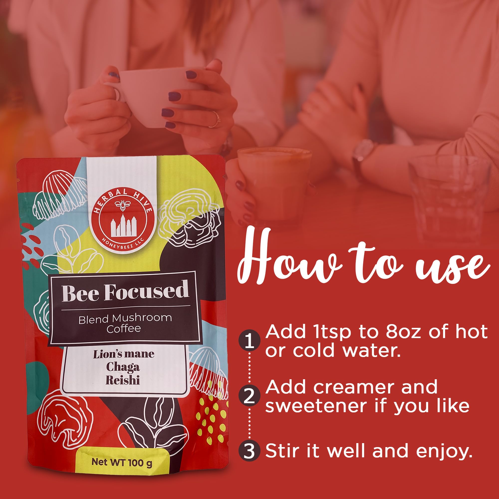 Herbal Hive Brew with honey and creamer suggests customizable flavor