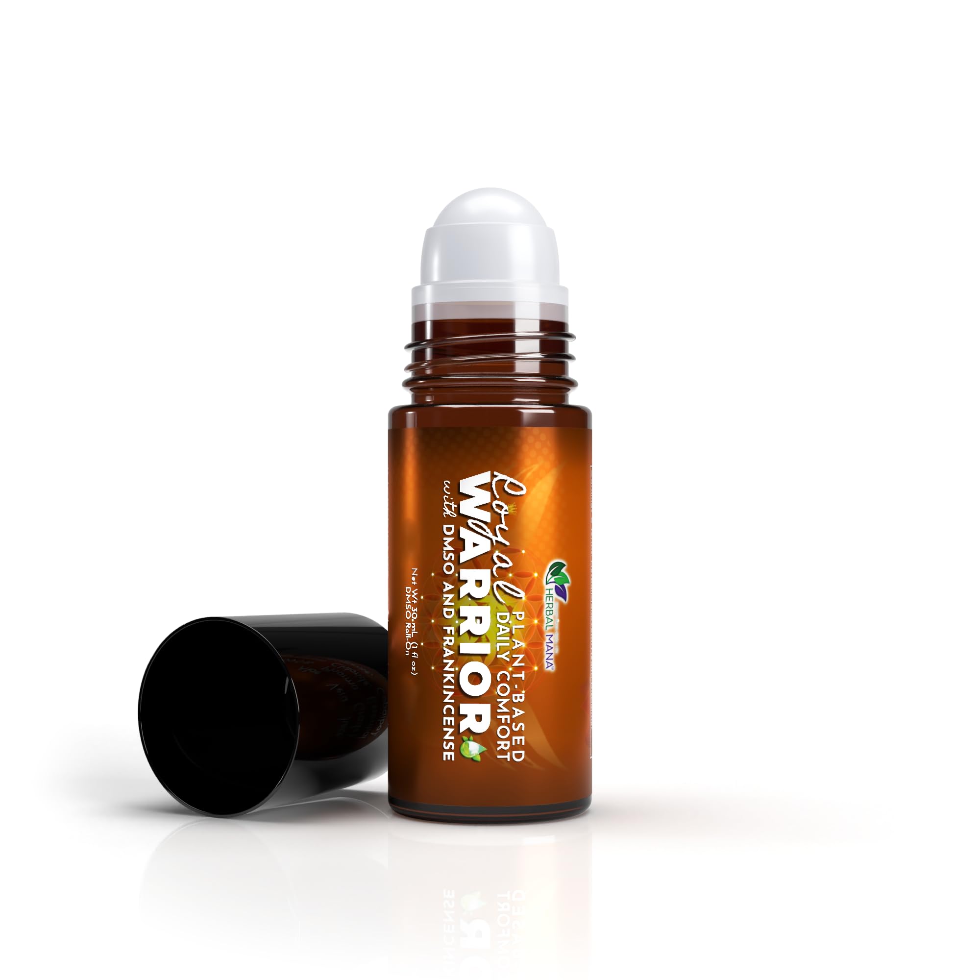 Herbal Mana Royal Warrior Frankincense DMSO Roll-On for quick, non-greasy skin conditioning.