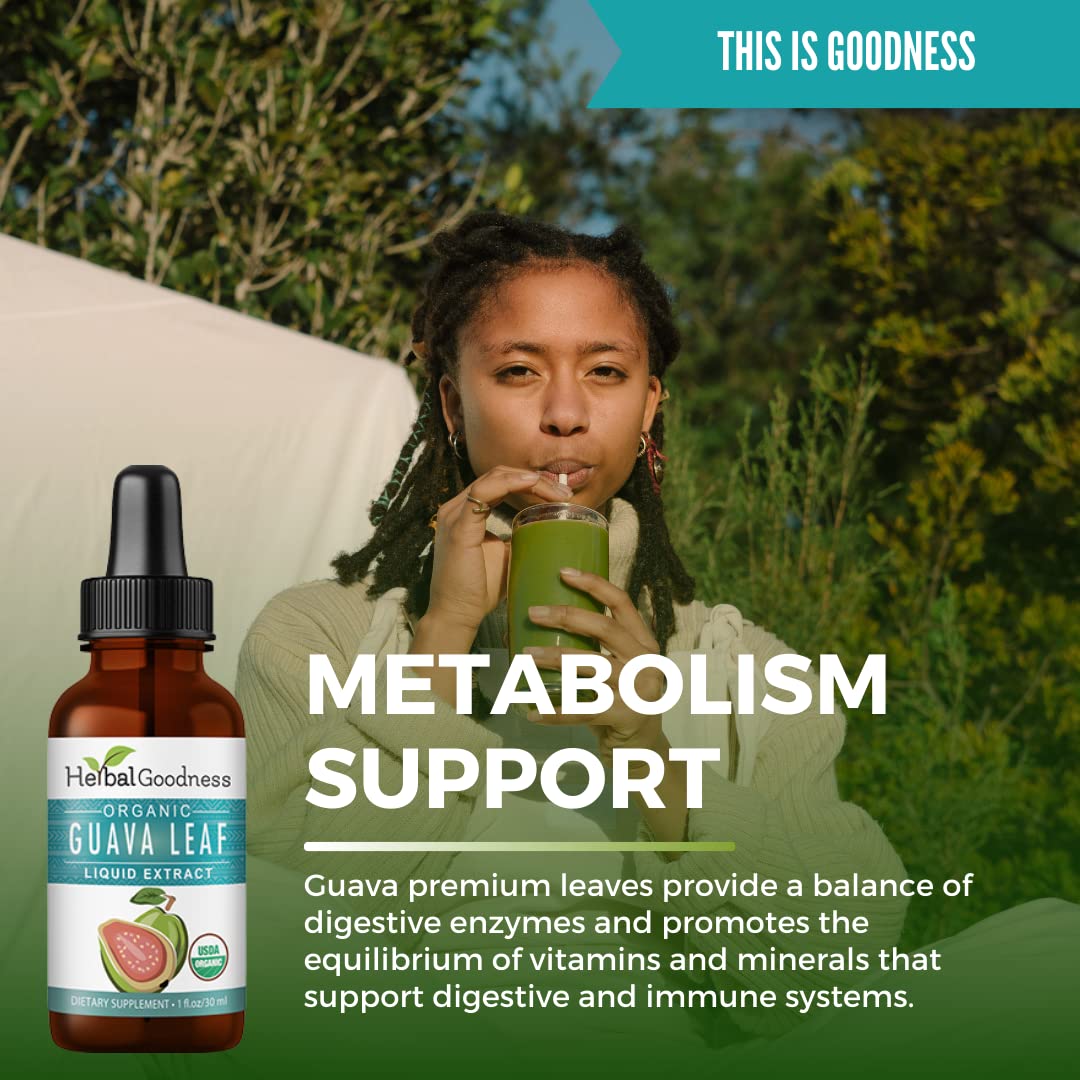 Herbal Papaya Guava Leaf Extract bottle beside glass for easy daily use.