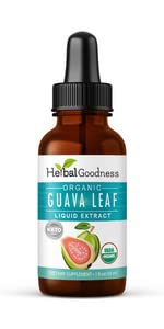 Close-up of Herbal Papaya Guava Leaf Extract label showing organic non-GMO promise.
