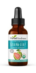 Close-up of Herbal Papaya Guava Leaf Extract label showing organic non-GMO promise.