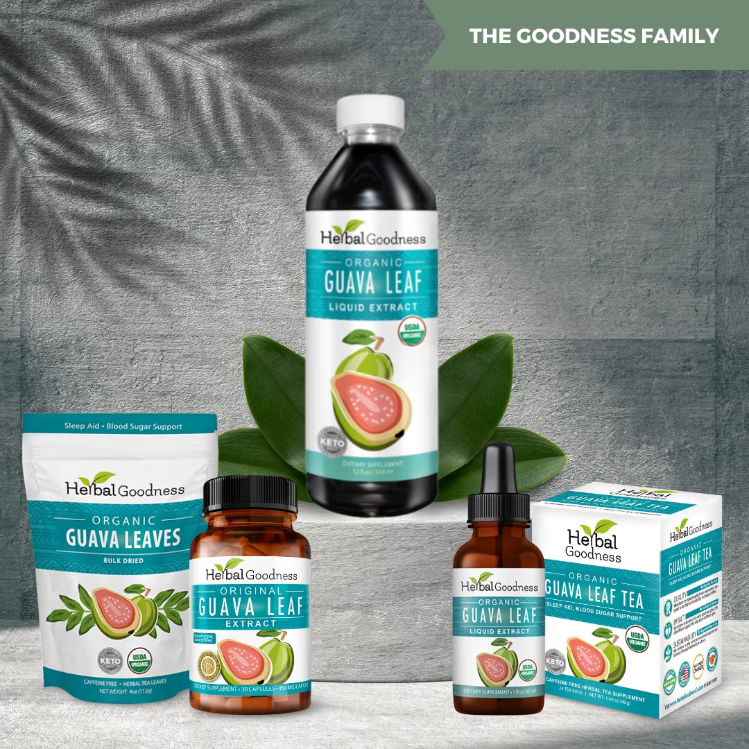 Serving suggestion with glass and bottle for Herbal Papaya Guava Leaf Extract daily routine.