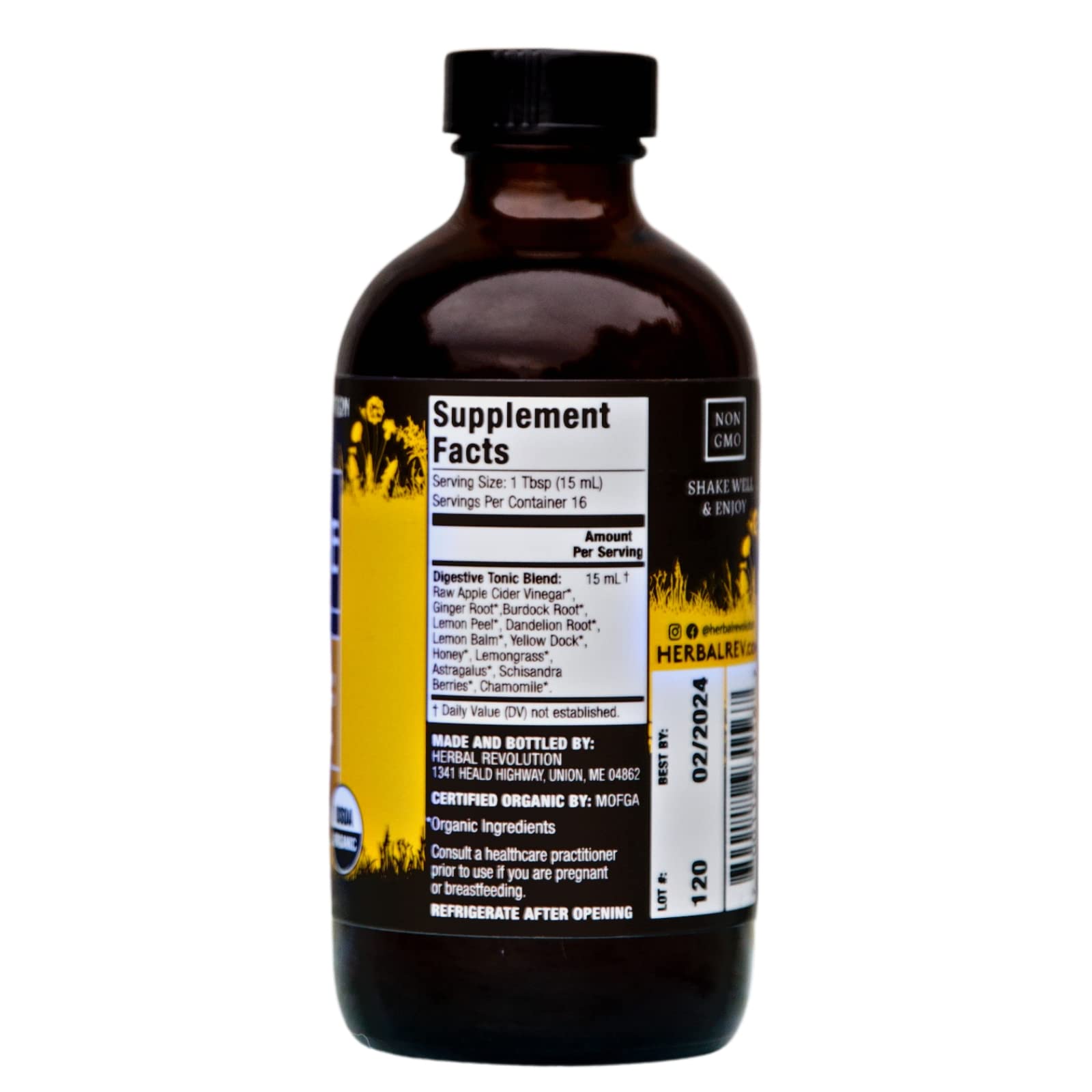 Herbal Revolution Digestive Tonic label detail highlighting organic ingredients
