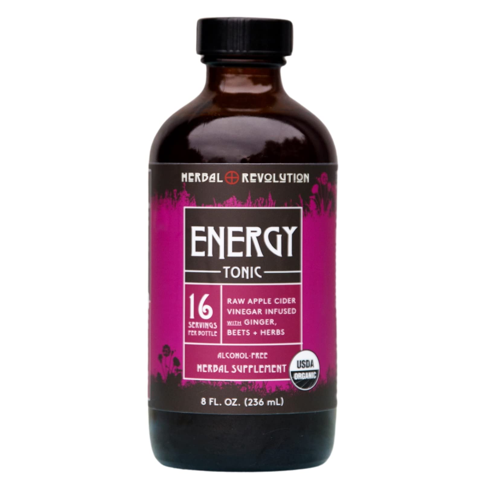 Herbal Revolution Energy Tonic bottle with beets and ginger boosts daily vitality.