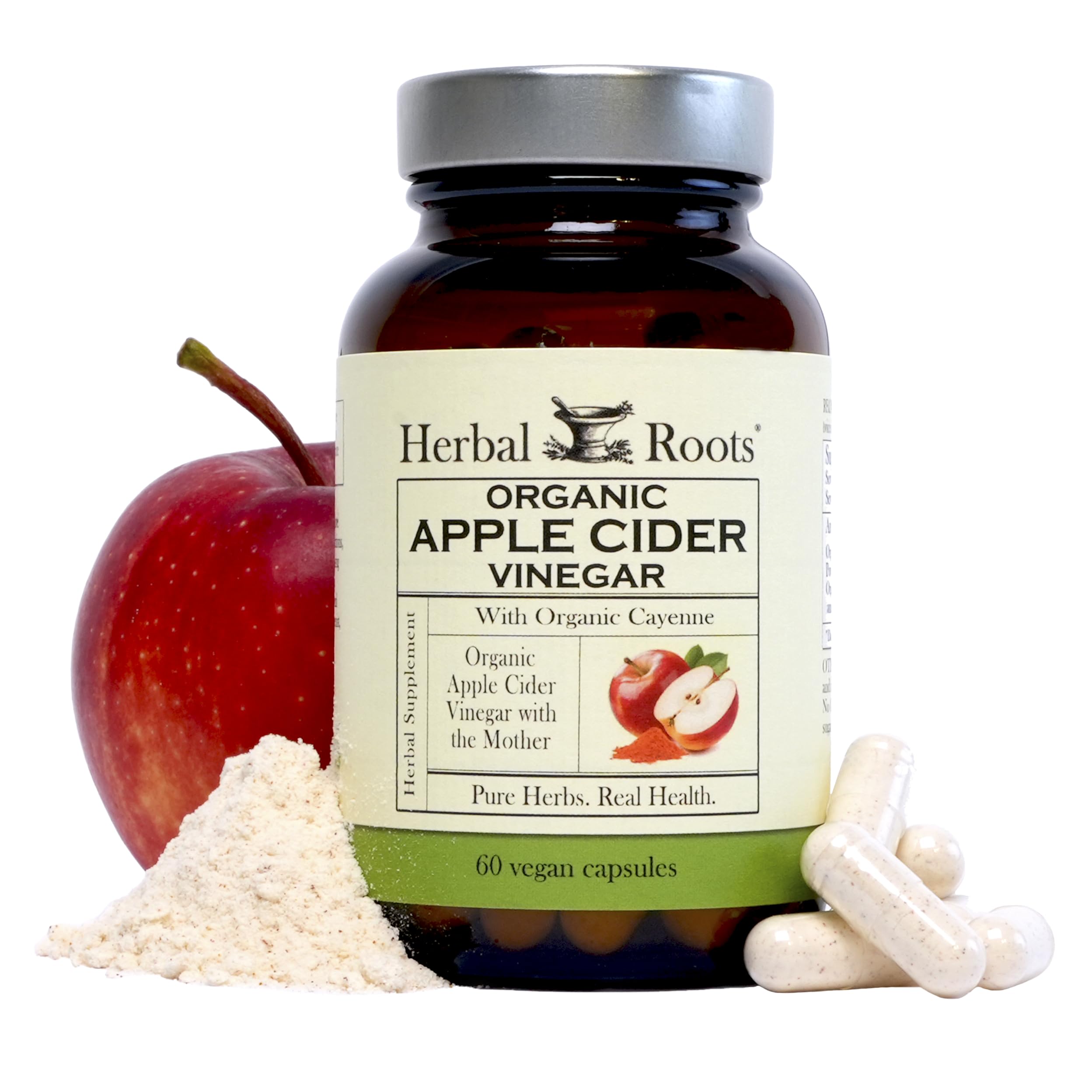 Herbal Roots Apple Cider Vinegar capsules bottle, easy daily ritual for digestive comfort.