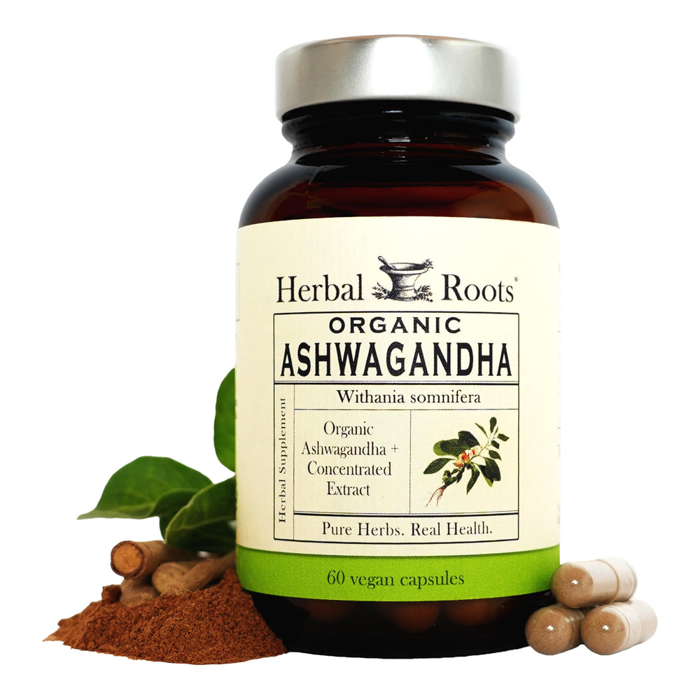 Herbal Roots Ashwagandha bottle promotes calm energy.