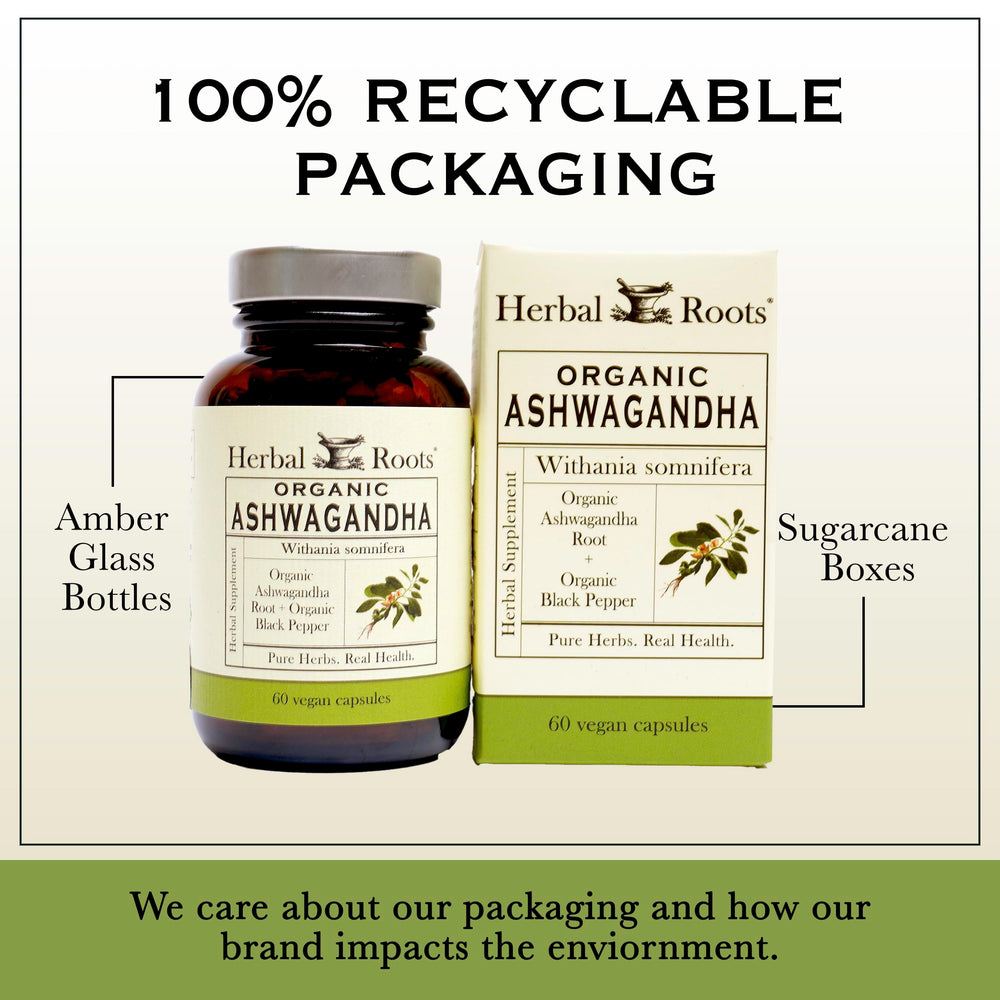 Close-up of Herbal Roots Ashwagandha capsules.
