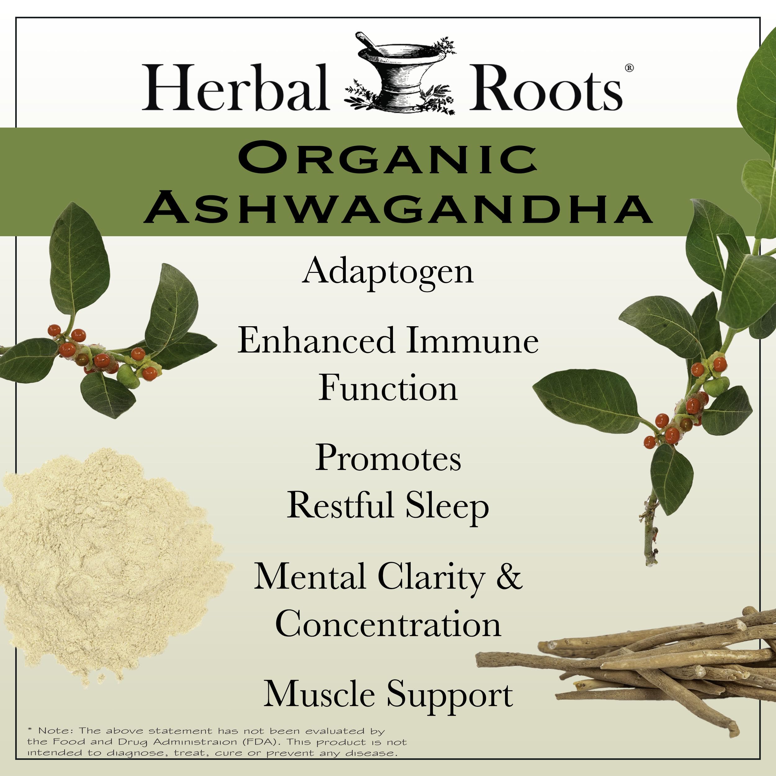 Label close-up of Herbal Roots Ashwagandha vegan formula.