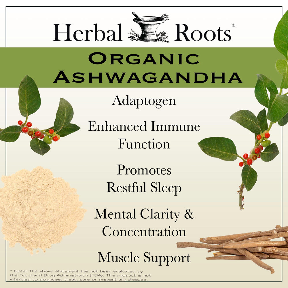 Label close-up of Herbal Roots Ashwagandha vegan formula.