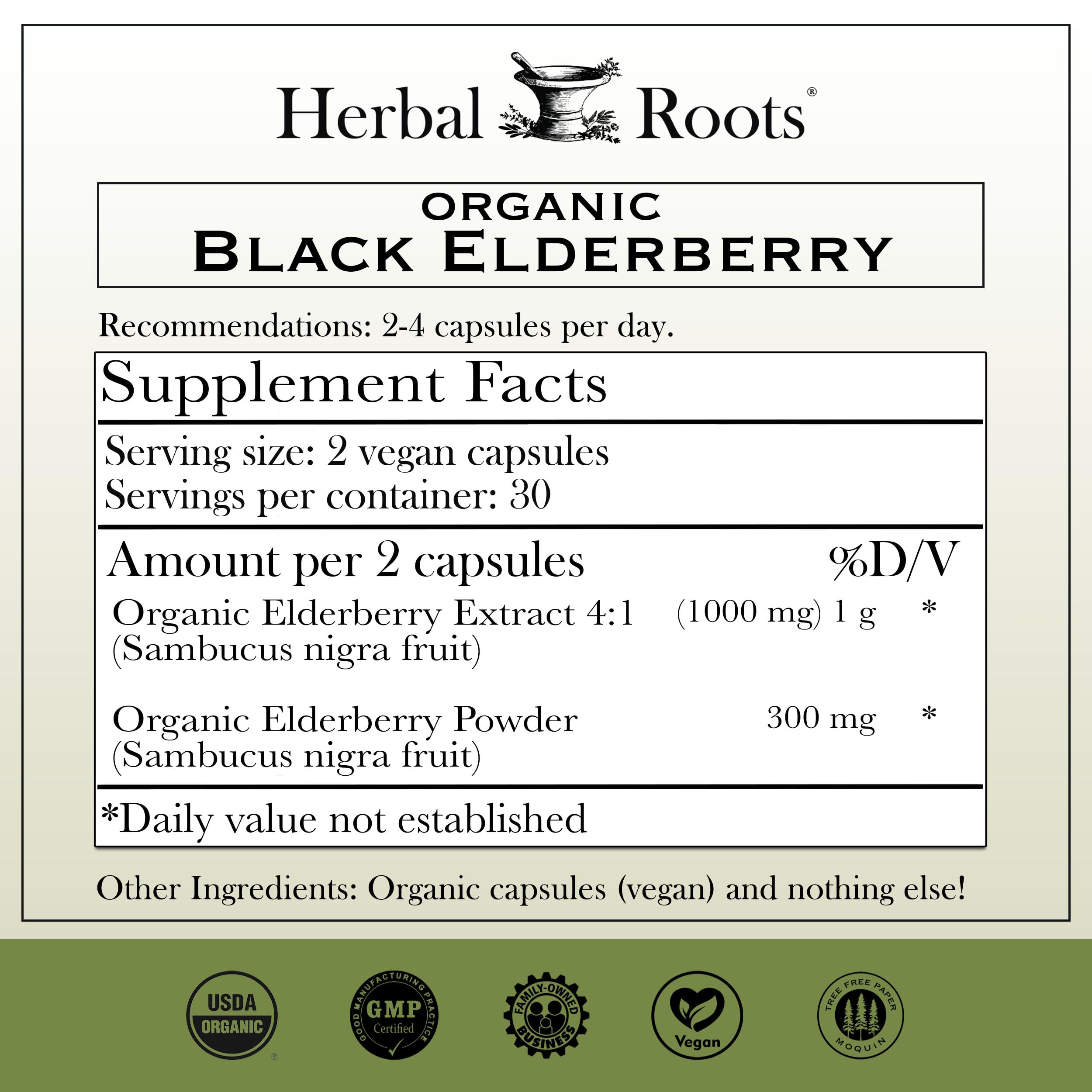 Herbal Roots Black Elderberry Capsules label closeup highlighting organic ingredients and quality