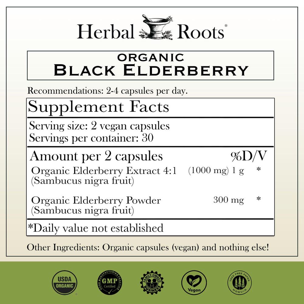 Herbal Roots Black Elderberry Capsules label closeup highlighting organic ingredients and quality