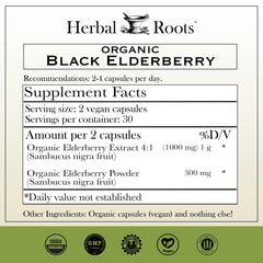 Herbal Roots Black Elderberry Capsules label closeup highlighting organic ingredients and quality