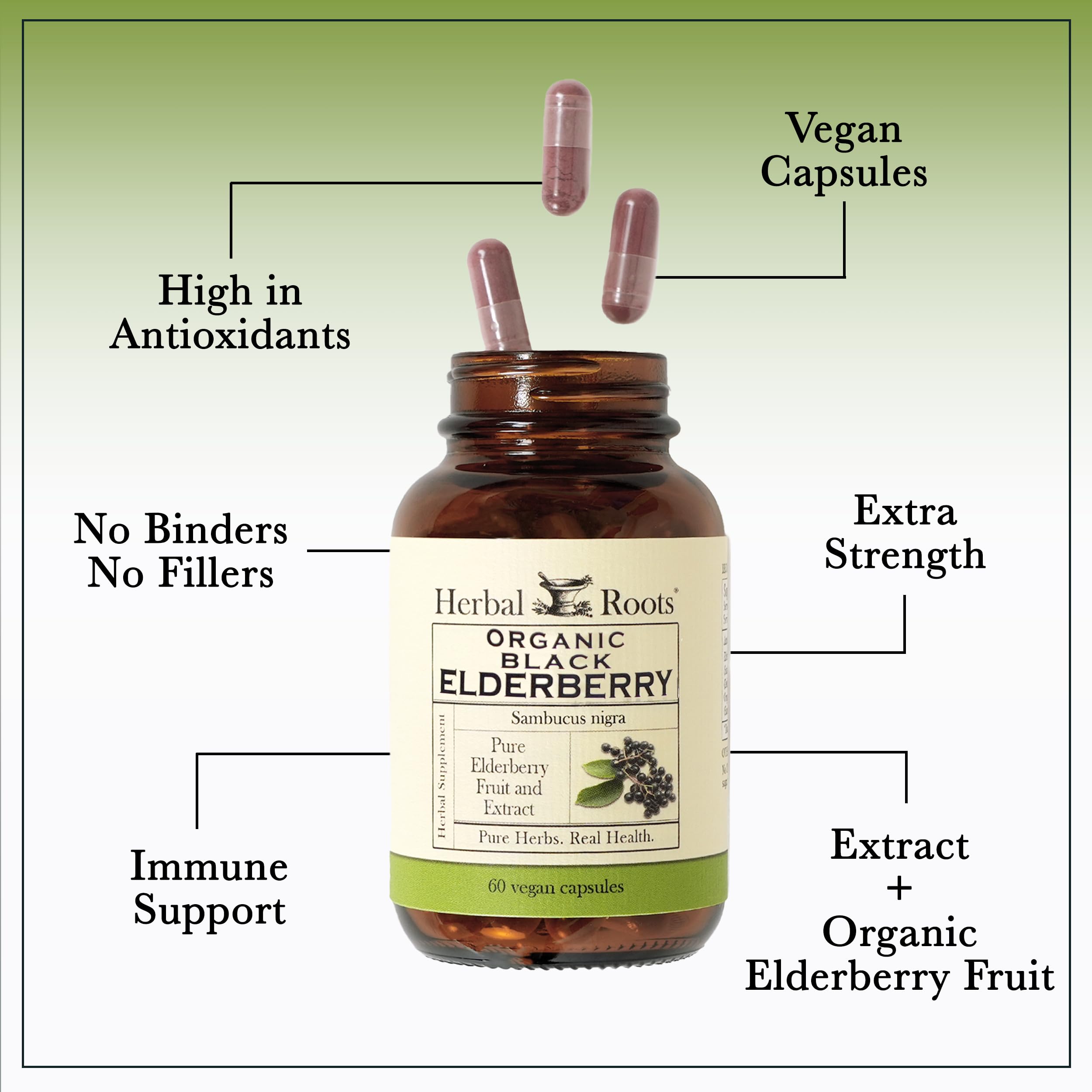 Herbal Roots Black Elderberry Capsules pour-out shot suggests easy dosing routine
