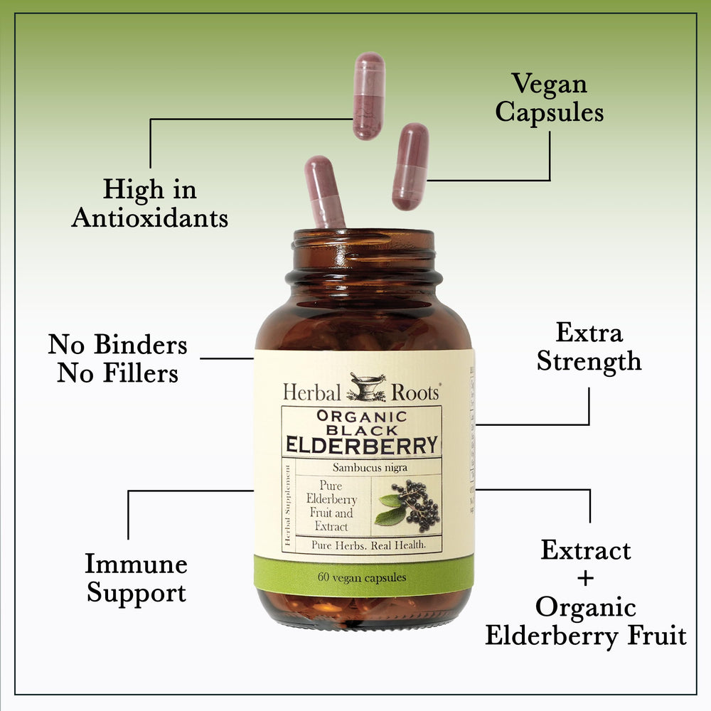 Herbal Roots Black Elderberry Capsules pour-out shot suggests easy dosing routine