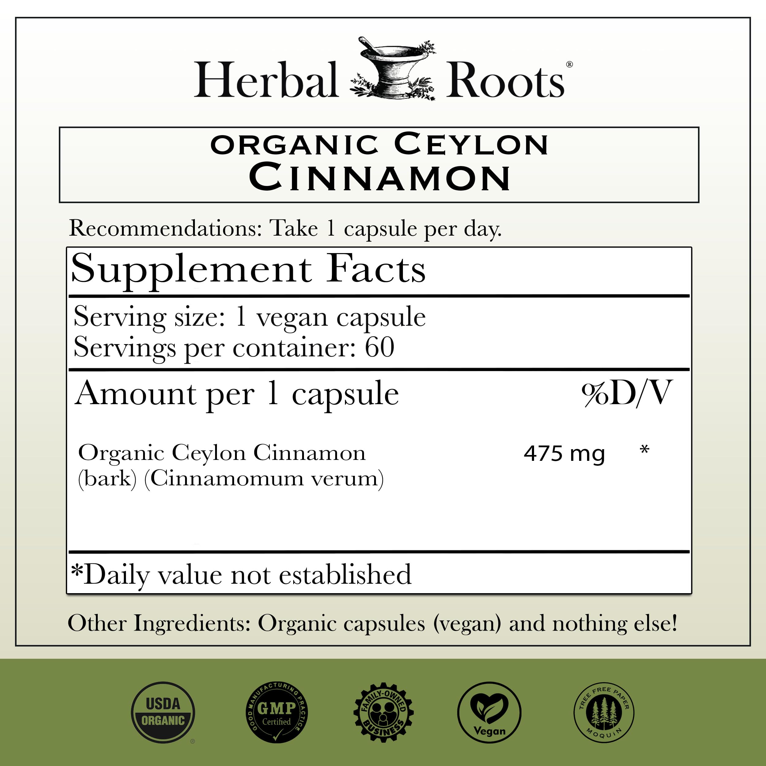 Close-up of Herbal Roots Cinnamon capsules highlighting vegan, pure daily wellness.