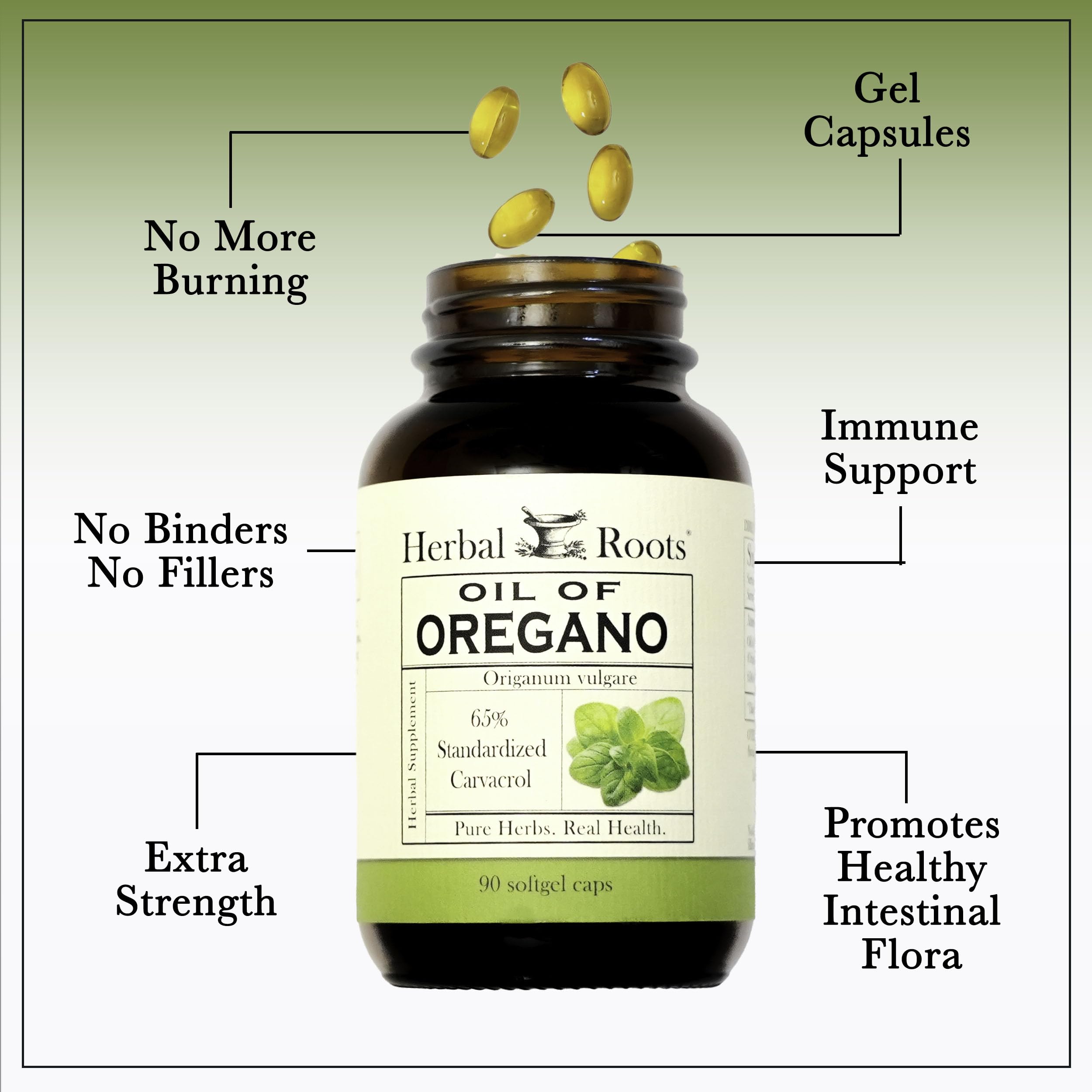 Herbal Roots cGMP-certified label on bottle packaging.